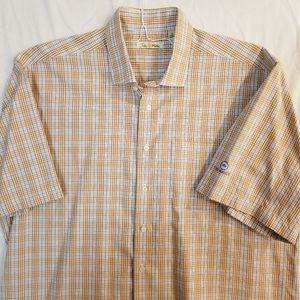 Peter Millar Short Sleeve Button Up Shirt Tan Blue Check Plaid XL